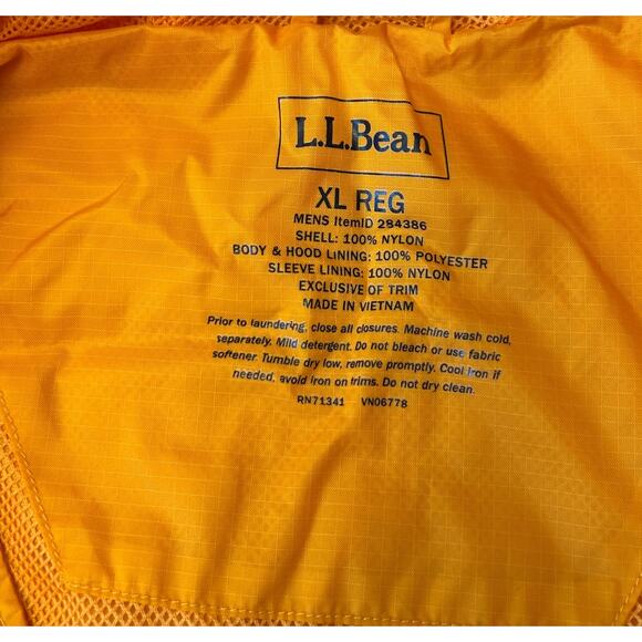 LL Bean Jacket Men's Windbreaker Hooded Size XL Orange Lightweight Full Zip - Picture 6 of 6